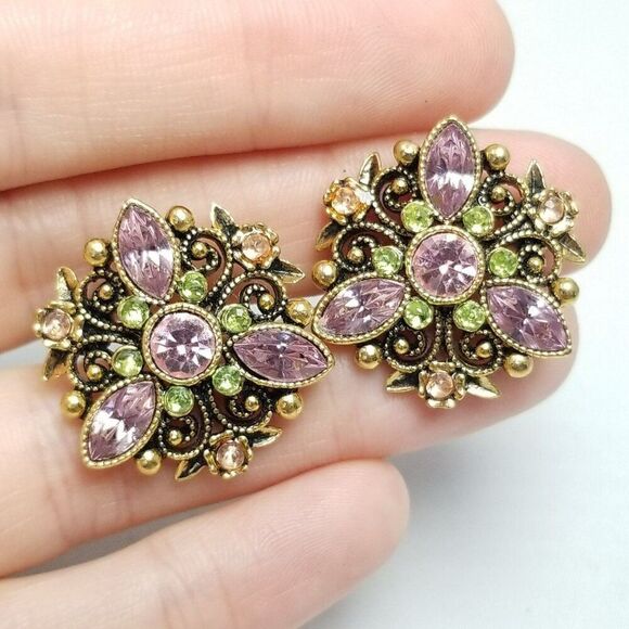 Vintage Avon Pink Green Rhinestone Clip On Earrings, Scroll Design, Estate - Picture 2 of 8